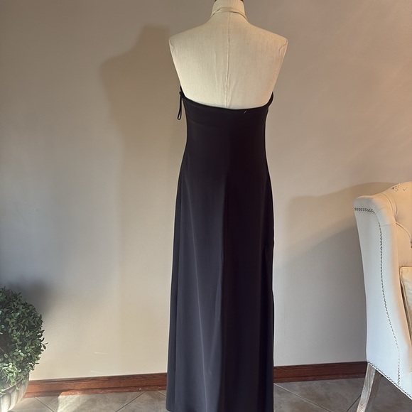 Evening formal long halter dress black open back crape lined mock satin ruffle 4 - Picture 7 of 15